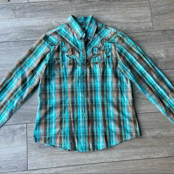 Life Style Green Plaid Western Shirt - Picture 4 of 13
